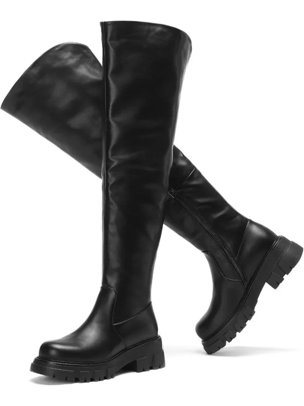 Women's Black Platform Slouch Lug Sole Low Chunky Heel Over The Knee High Boots